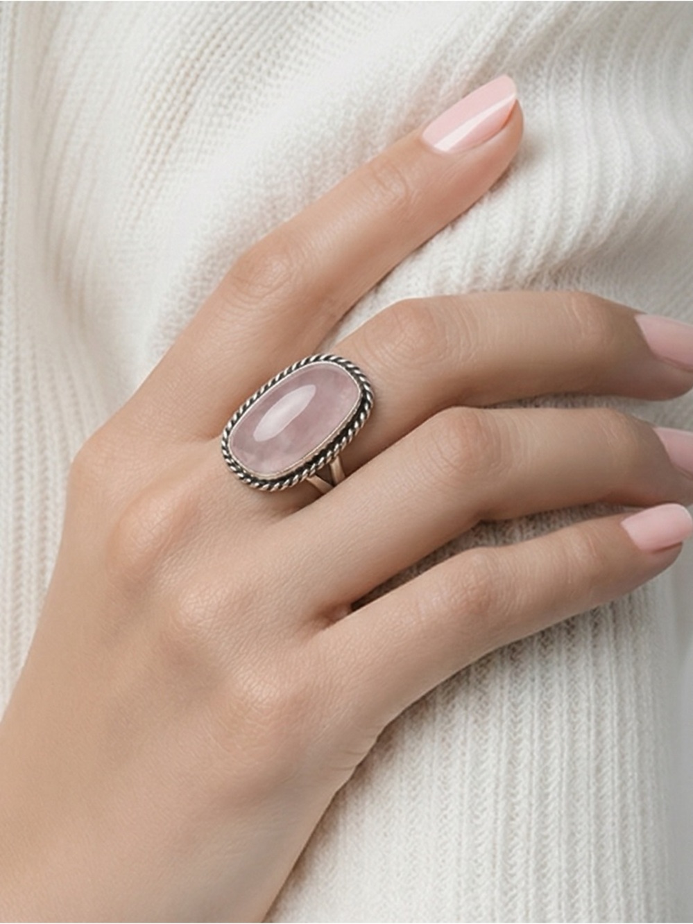 Rose‎ Quartz Adjustable Silver Plated Handmade Ring Gift Boxed Size 7.5–9